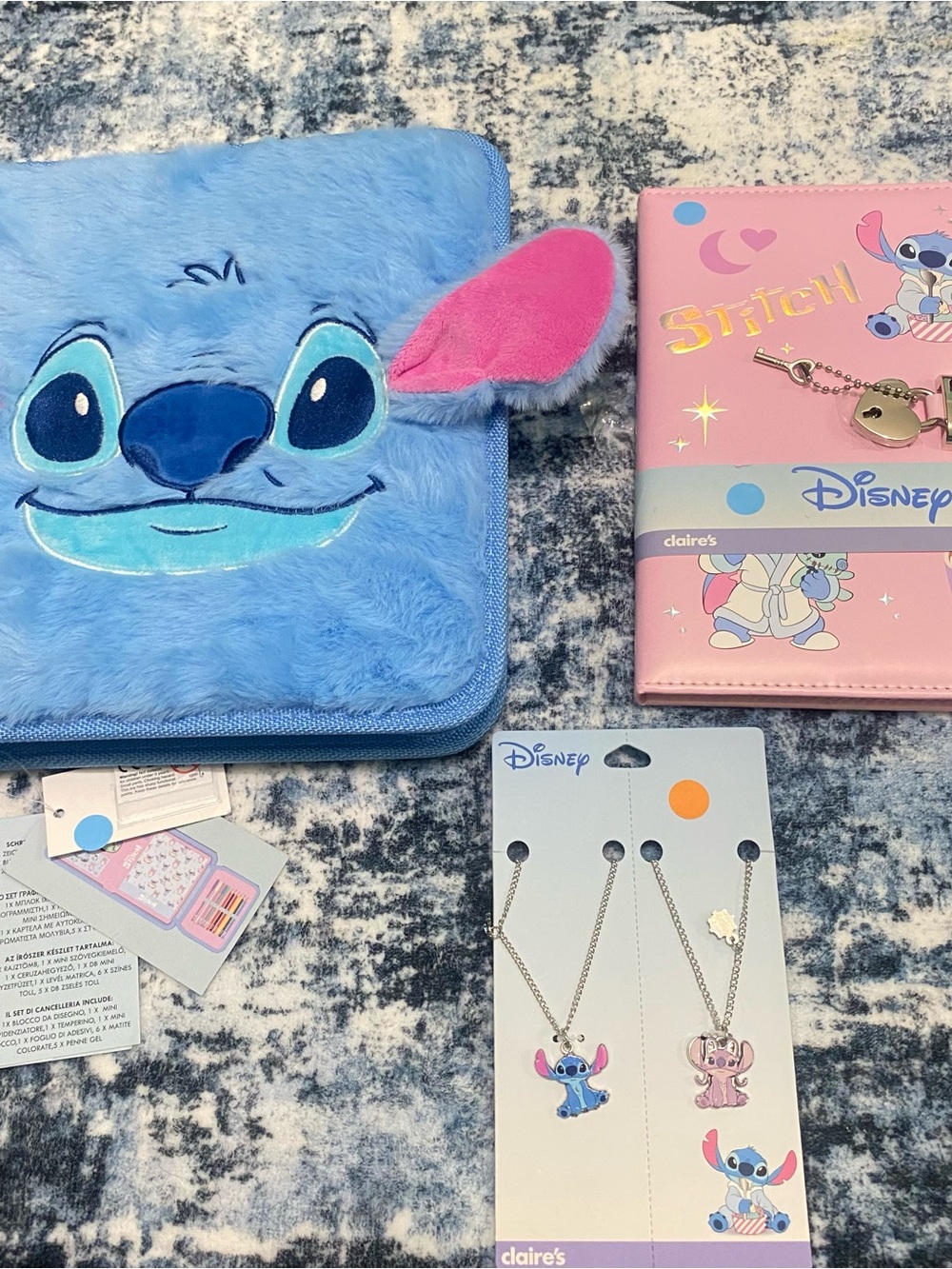 Disney Claire's Blue Stitch Plush Zip Case and Pink Stitch Journal Bundle
